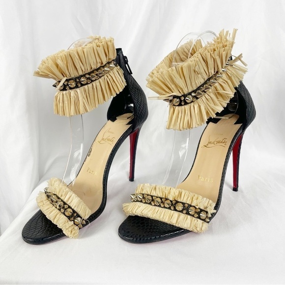 Christian Louboutin Poupedou Raffia Open Toe Leather Stiletto Heels Black EU 36 - Picture 6 of 12